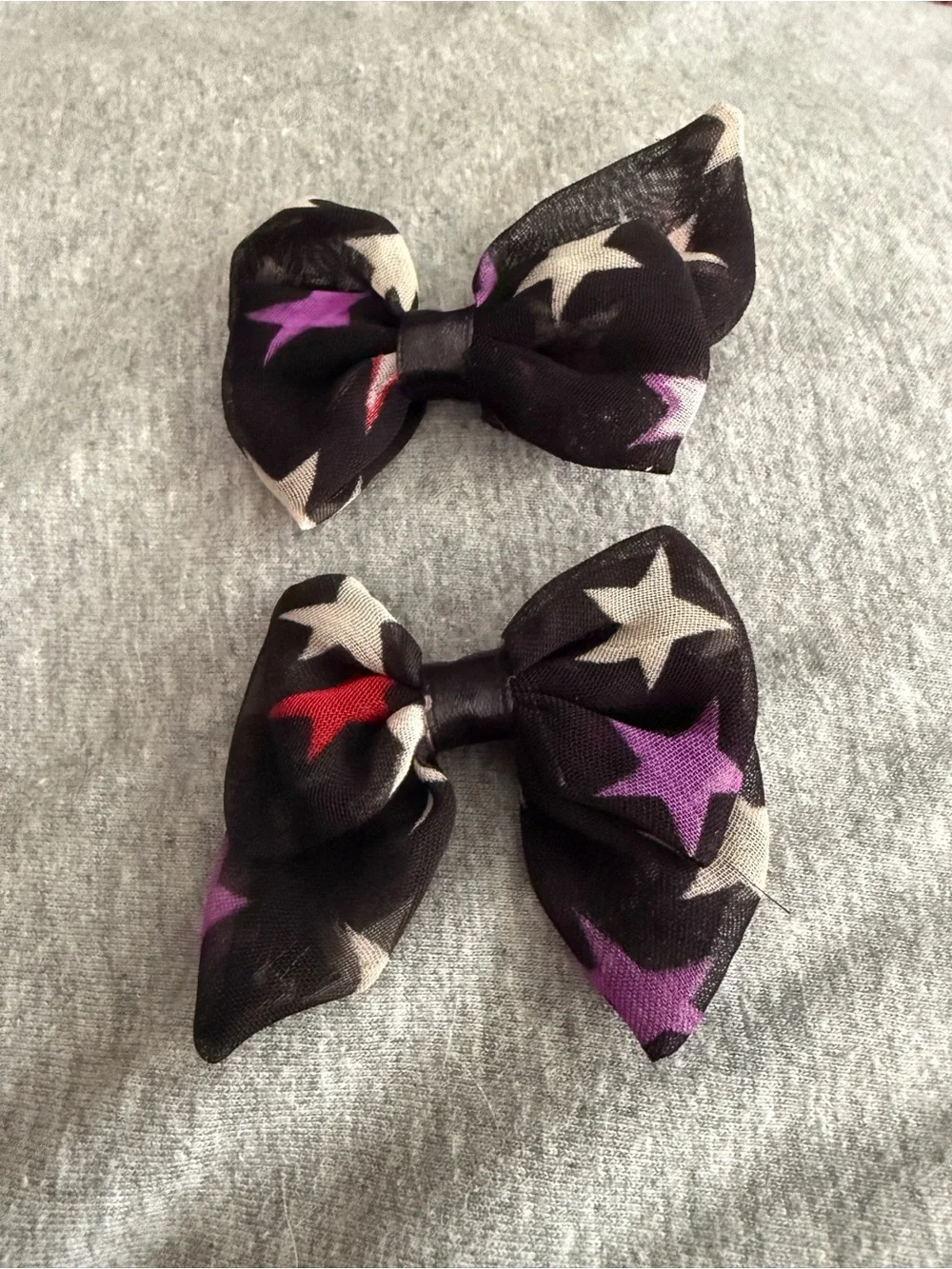 Star Print Hair Bows Clip- Black with Purple & White Stars